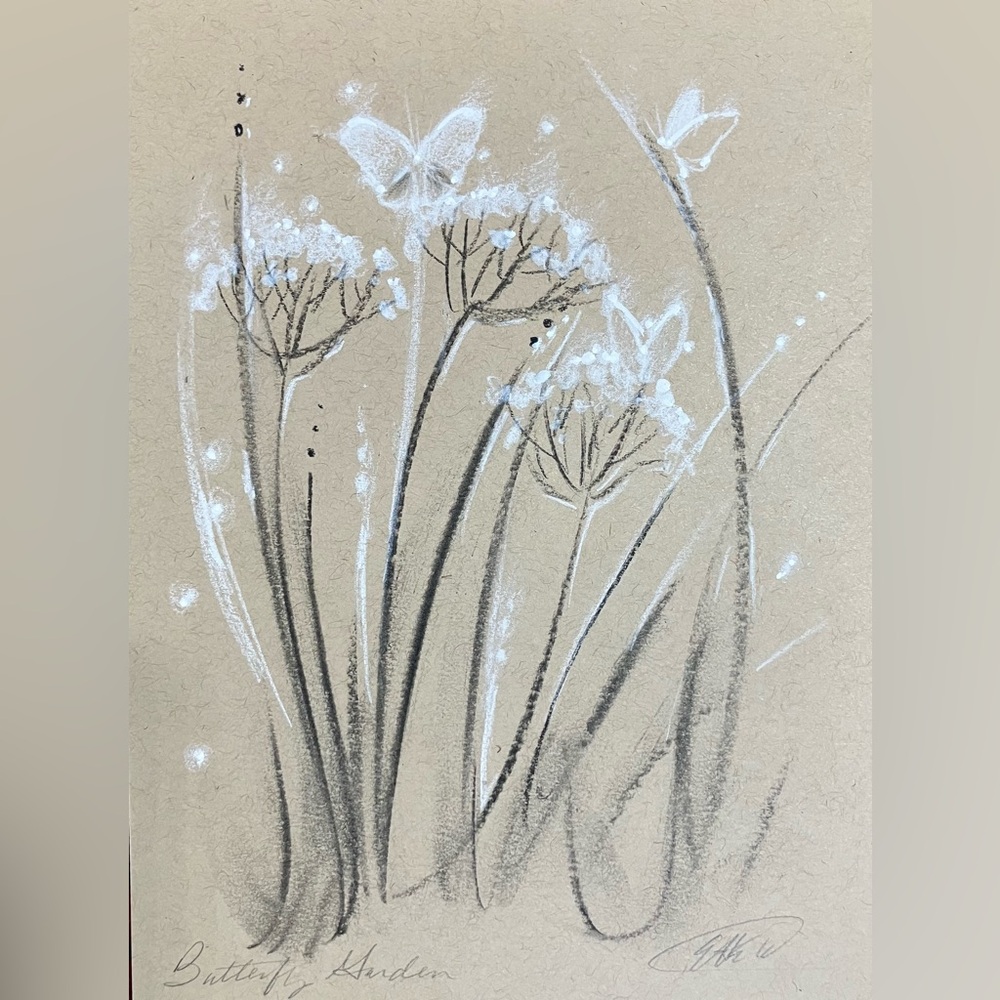 Original Butterfly Garden painting Art Charcoal pastel illustration decor floral